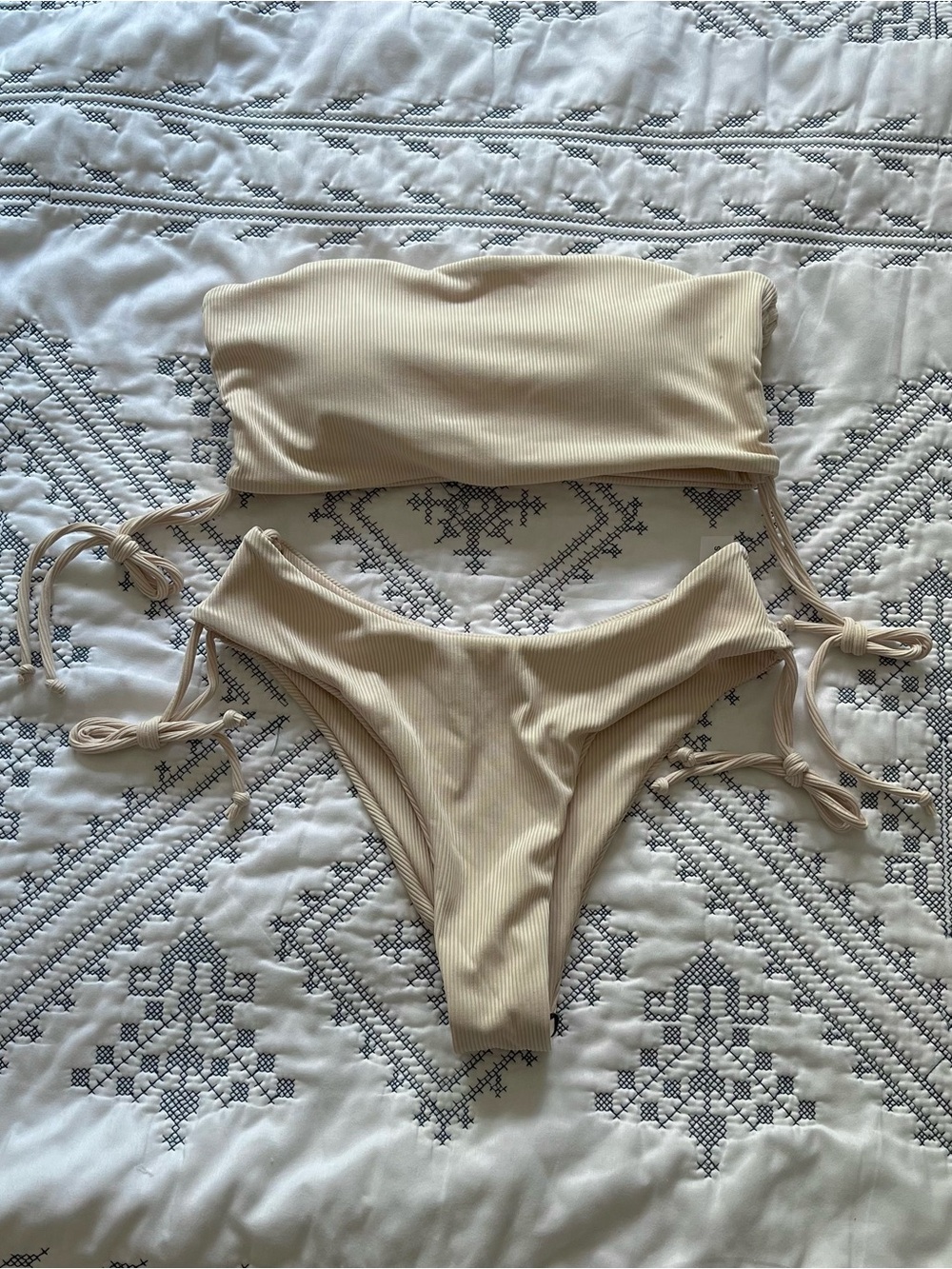 Beige Ribbed Strapless Bikini Set with Side Ties